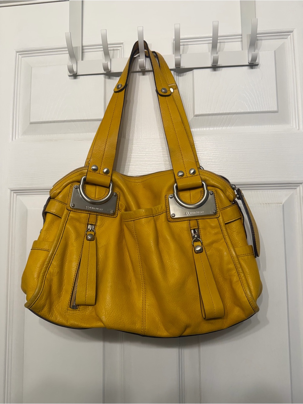 b. makowsky Mustard Yellow Leather Shoulder Bag with Silver Hardware